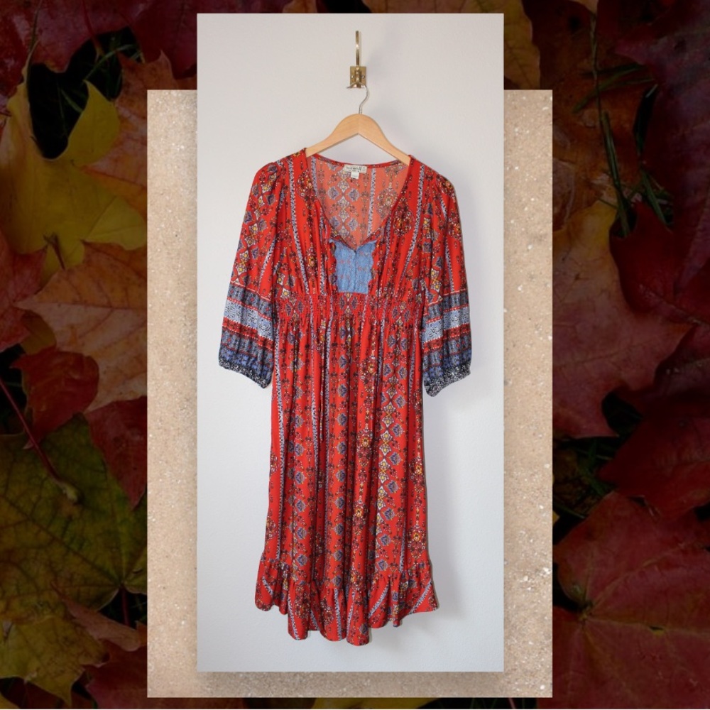 ONE WORLD Bohemian Mixed Floral Tribal Print Midi Dress - Picture 9 of 17